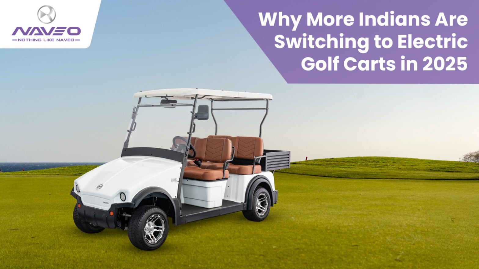 An electric golf cart with brown seats parked on a lush green golf course.