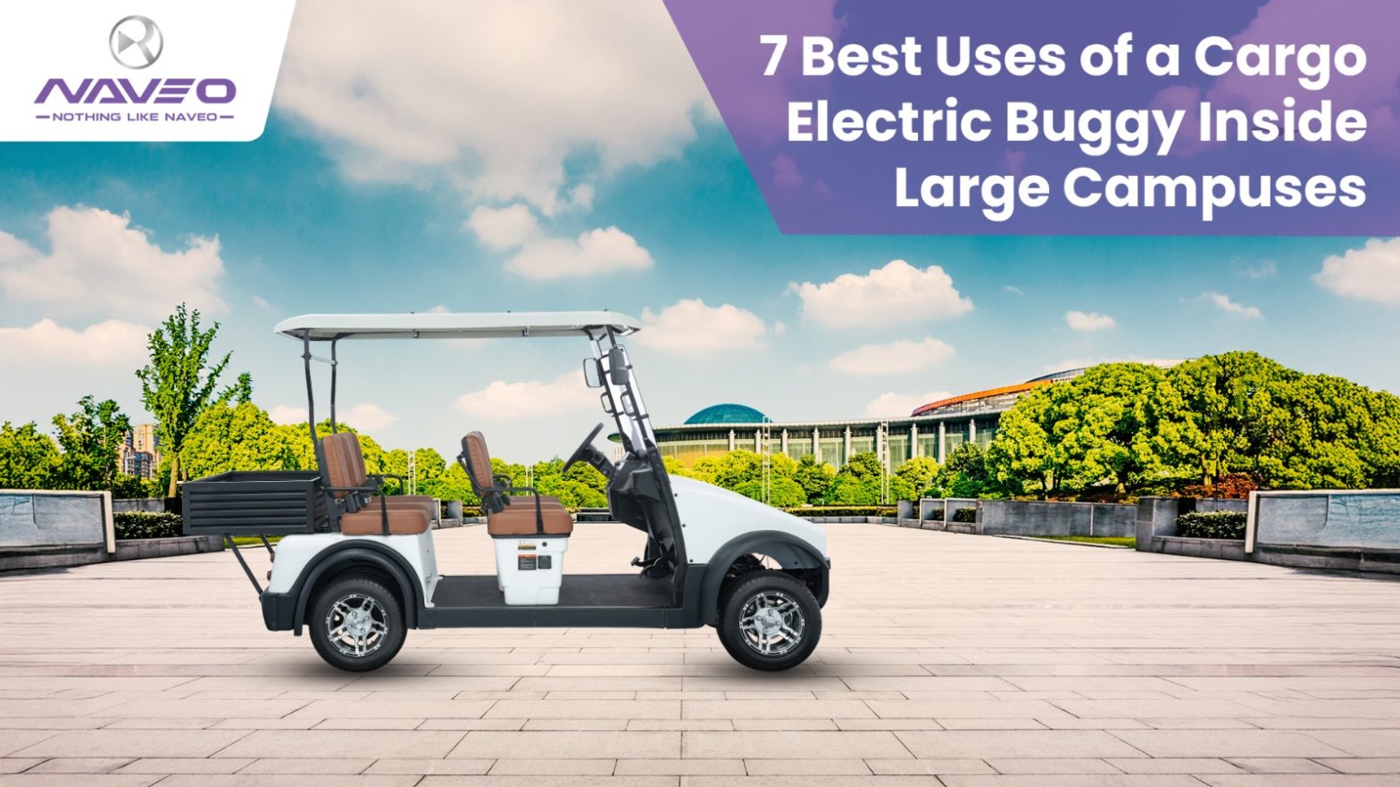 A white electric buggy with brown seats is parked on paved area.